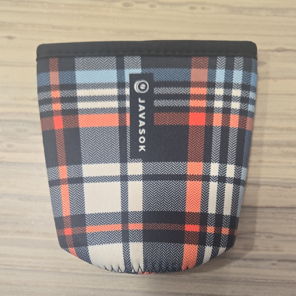 BNWOT JavaSok Navy Plaid Coffee Sleeve - Orange & Cream Medium Fits 22-28 Oz